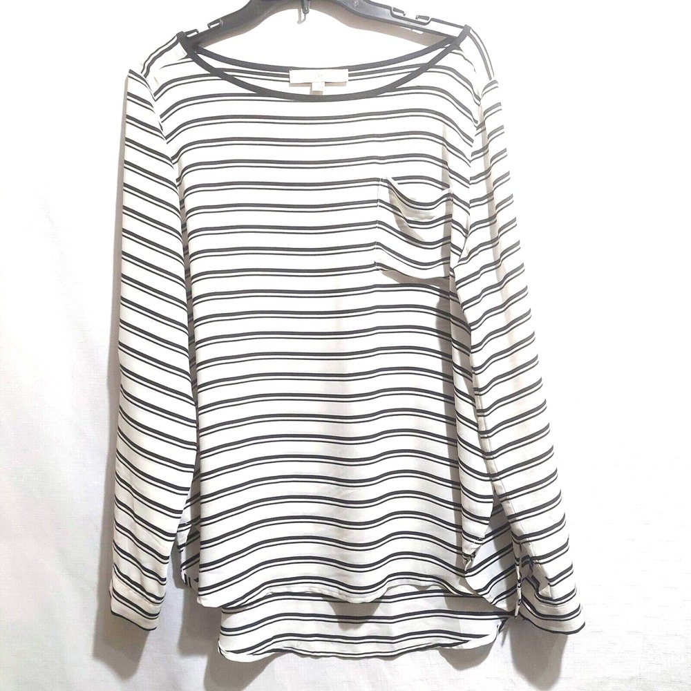 Loft Womens Large Popover Blouse Roll Tab Sleeves High Low Semi Sheer(Tiny Flaw)